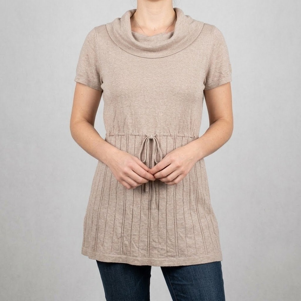 Esprit Cowl Neck Tunic Top Womens Large Tan Drawstring Ribbed Knit Neutral Fall